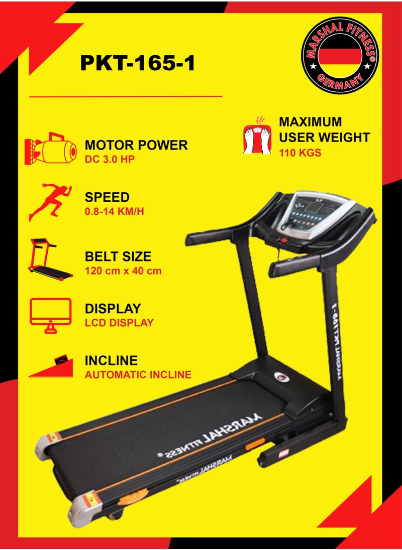 PKT-165-1 Foldable Automatic Incline LCD Display Low Noise 3 HP DC Motor Treadmill With Massager Shock Absorption Heart Rate Monitoring USB Music Player and Speaker (with iPad/Phone Holder) For Home U
