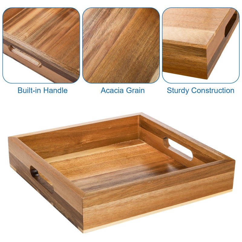 YOUEON Set of 2 Acacia Wood Serving Tray with Handles  10x10x2 Inch Decorative Serving Trays  Ottoman Tray  Coffee Table Tray  Square Wooden Tray for Food  Dinner  Coffee  Wine  Appetizer - Image 3
