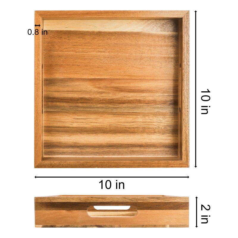 YOUEON Set of 2 Acacia Wood Serving Tray with Handles  10x10x2 Inch Decorative Serving Trays  Ottoman Tray  Coffee Table Tray  Square Wooden Tray for Food  Dinner  Coffee  Wine  Appetizer - Image 2