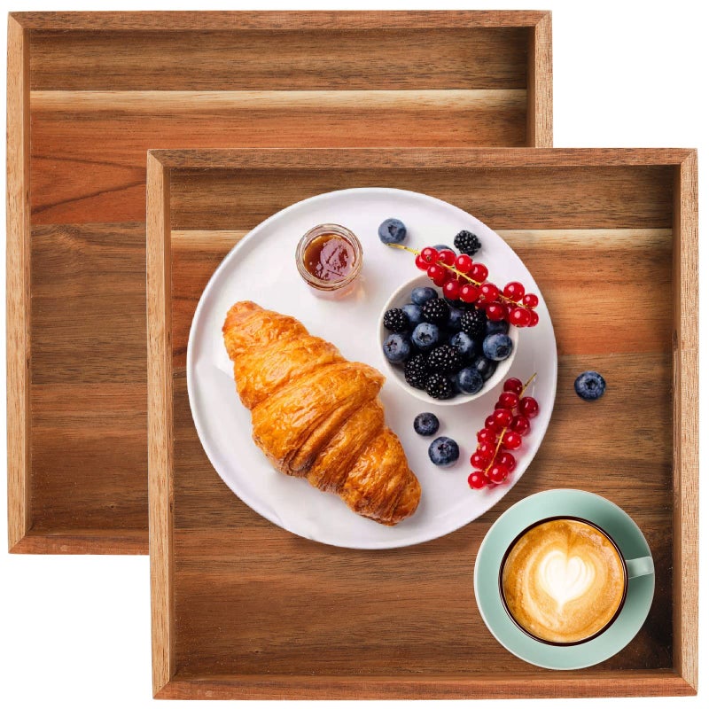 YOUEON Set of 2 Acacia Wood Serving Tray with Handles  10x10x2 Inch Decorative Serving Trays  Ottoman Tray  Coffee Table Tray  Square Wooden Tray for Food  Dinner  Coffee  Wine  Appetizer - Image 5