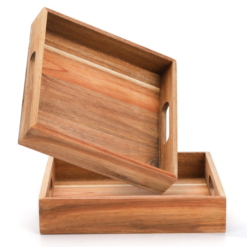 YOUEON Set of 2 Acacia Wood Serving Tray with Handles  10x10x2 Inch Decorative Serving Trays  Ottoman Tray  Coffee Table Tray  Square Wooden Tray for Food  Dinner  Coffee  Wine  Appetizer - Image 1