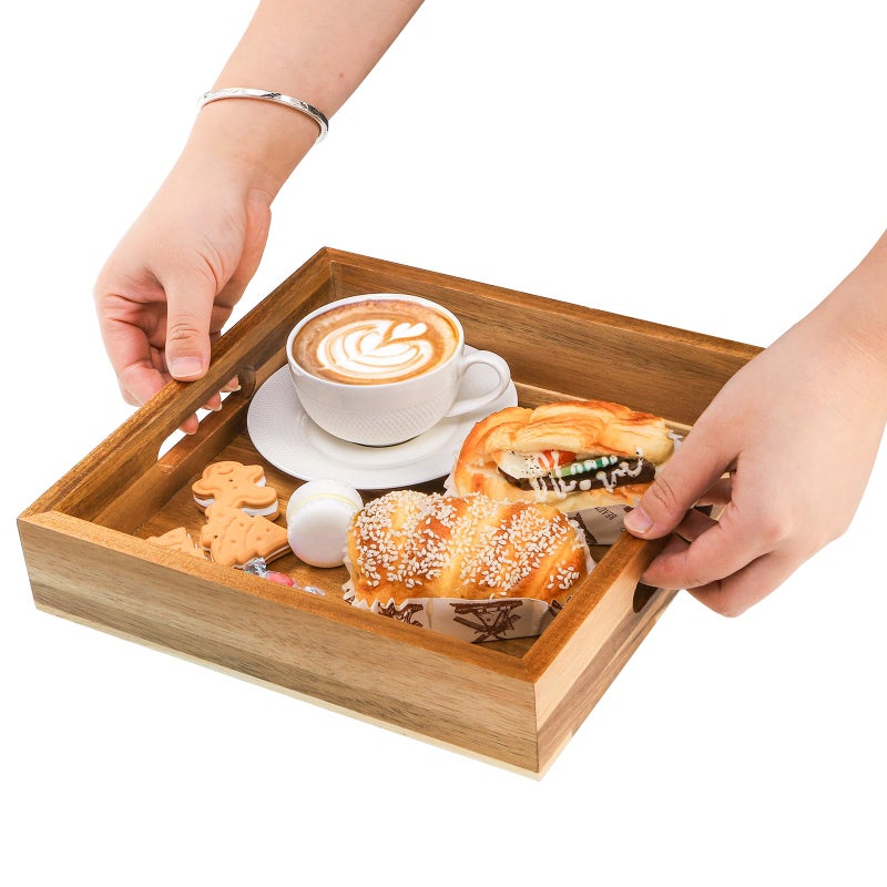 YOUEON Set of 2 Acacia Wood Serving Tray with Handles  10x10x2 Inch Decorative Serving Trays  Ottoman Tray  Coffee Table Tray  Square Wooden Tray for Food  Dinner  Coffee  Wine  Appetizer - Image 4