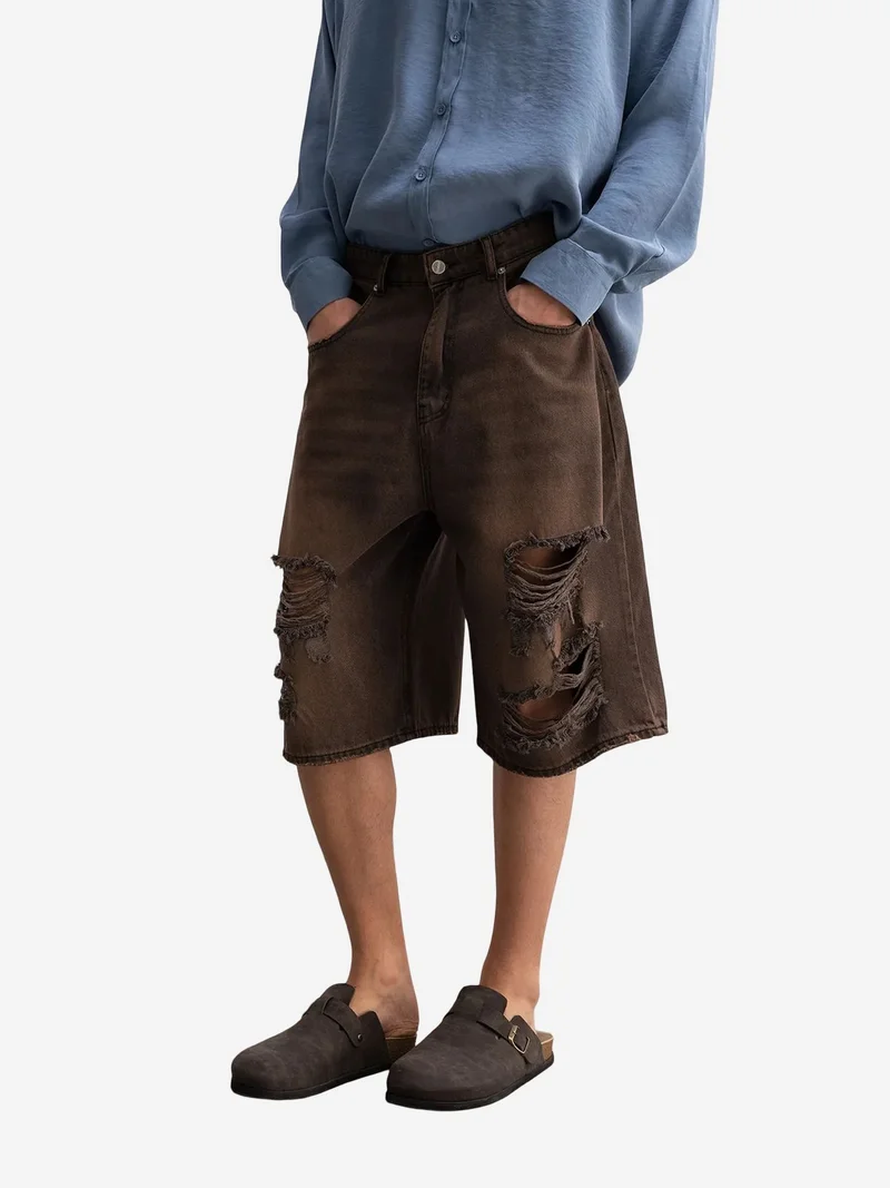 Giesto Coffee Brown GIESTO Destroyed Denim Shorts for Men | Best Price UAE