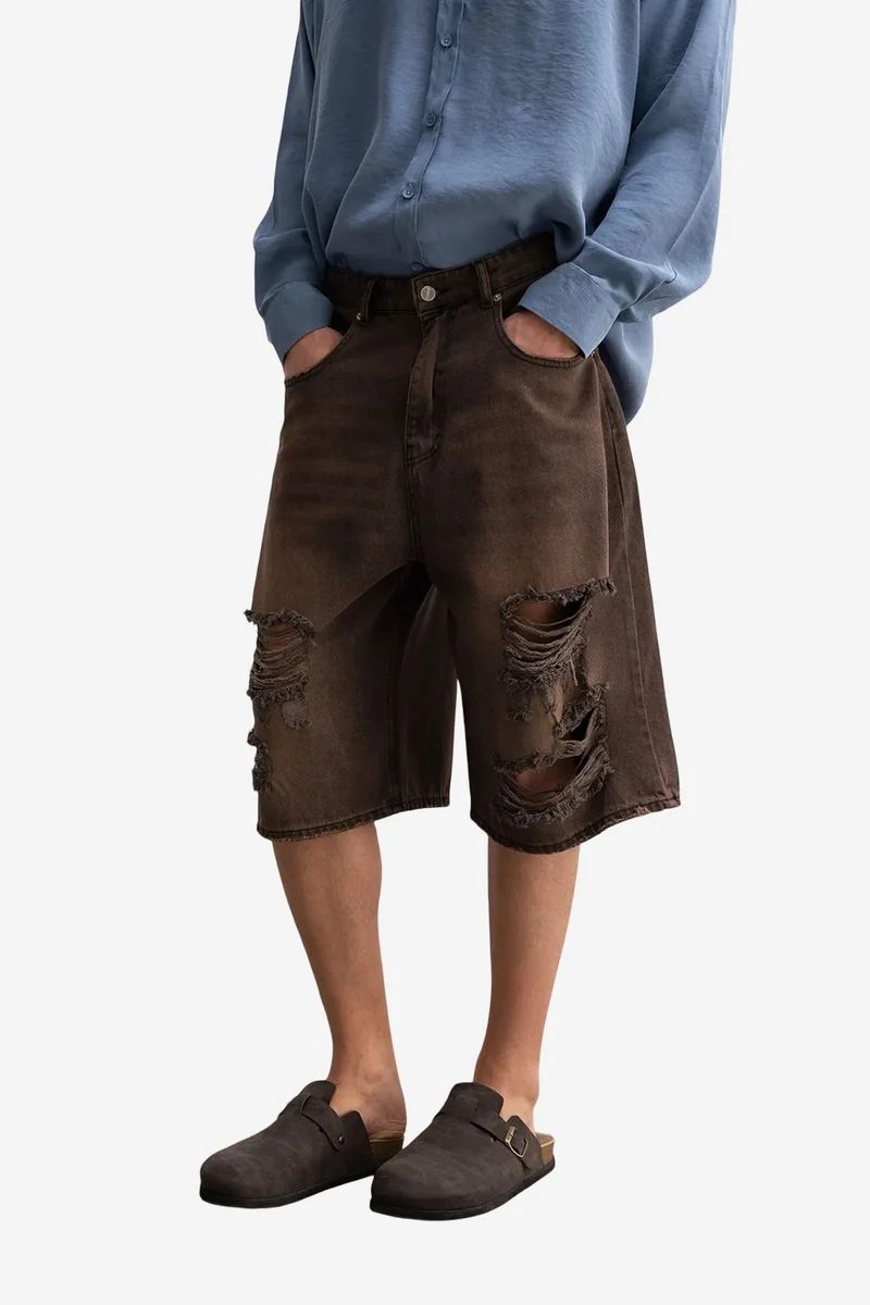 Giesto Coffee Brown GIESTO Destroyed Denim Shorts for Men | Best Price UAE