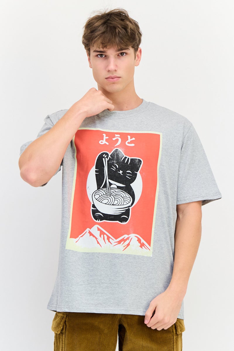 YOTO Men Crew Neck Short Sleeves Graphic Print T-Shirt, Grey - Image 1