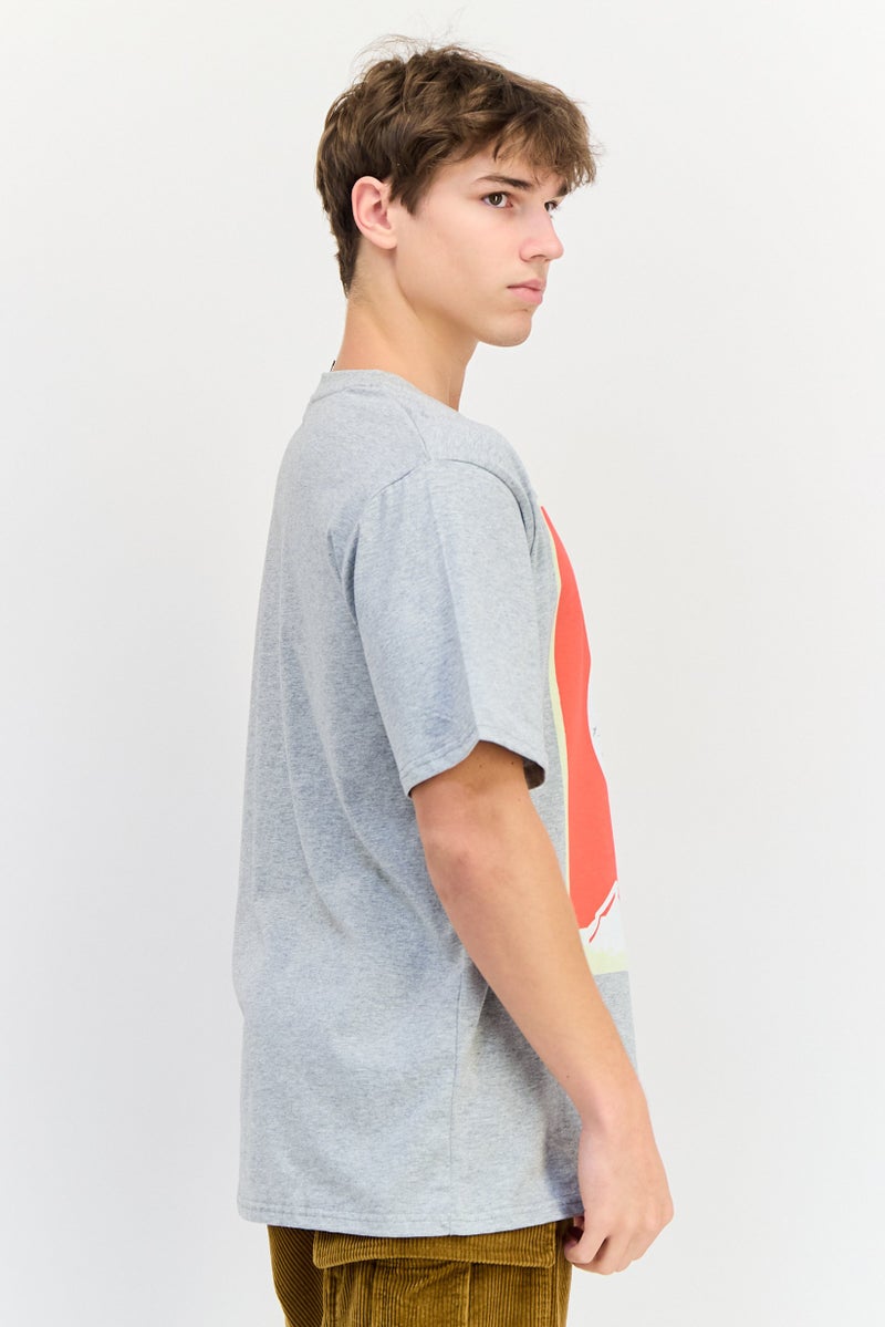 YOTO Men Crew Neck Short Sleeves Graphic Print T-Shirt, Grey - Image 3