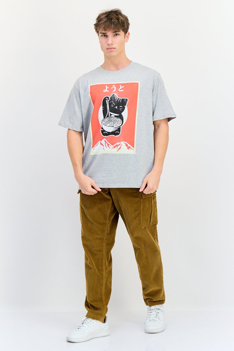 YOTO Men Crew Neck Short Sleeves Graphic Print T-Shirt, Grey - Image 4