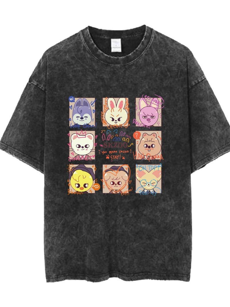 Design Sense American Retro Distressed Washed T-Shirt Round Neck Loose American Fashion Printed Direct Injection Washed Old T-Shirt - Image 3