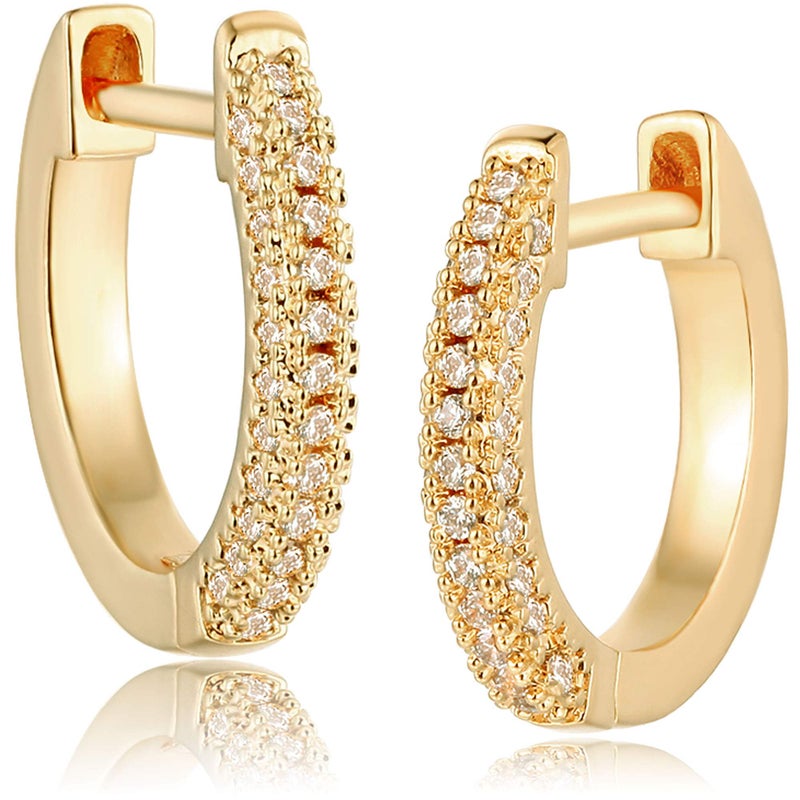 MEVECCO 14K Gold Plated 3 Row Pave Cubic Zirconia Hoop Earrings Dainty Handmade Huggie Earrings for Women Jewelry - Image 1