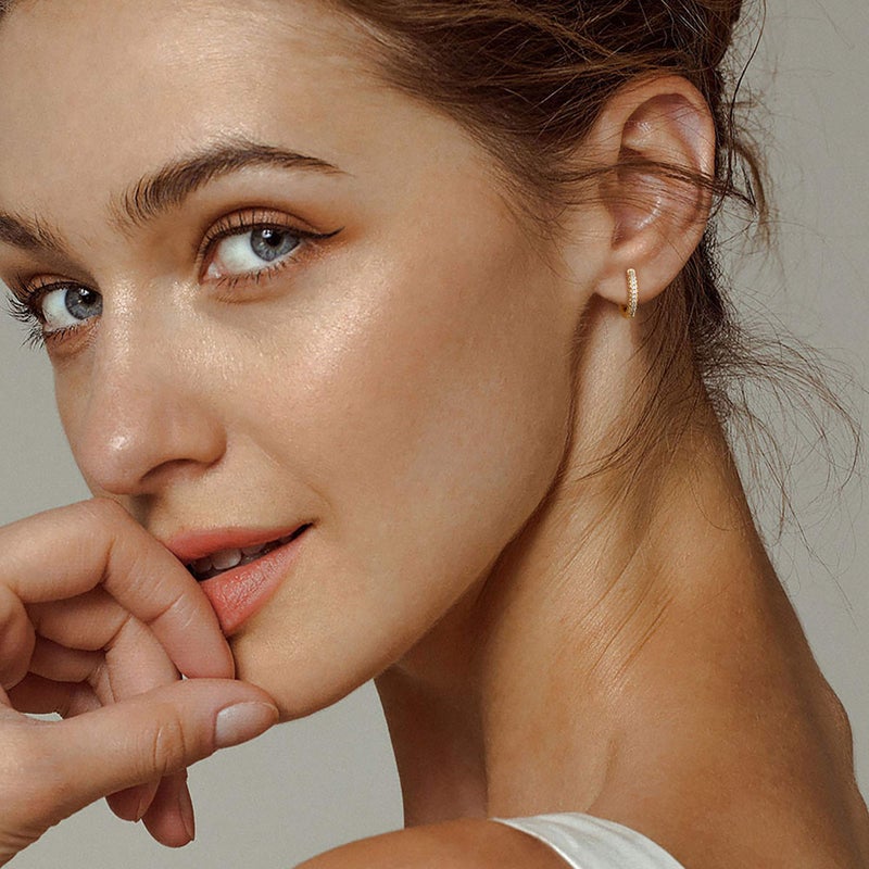 MEVECCO 14K Gold Plated 3 Row Pave Cubic Zirconia Hoop Earrings Dainty Handmade Huggie Earrings for Women Jewelry - Image 4