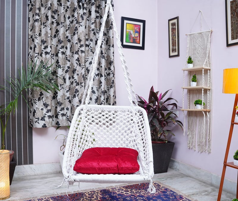 Patiofy Swing for Adults/Jhula - Large Square Hammock for Living Room, Balcony, Home - Red Square Cushion & Hanging Kit (White) - Cotton - Image 4