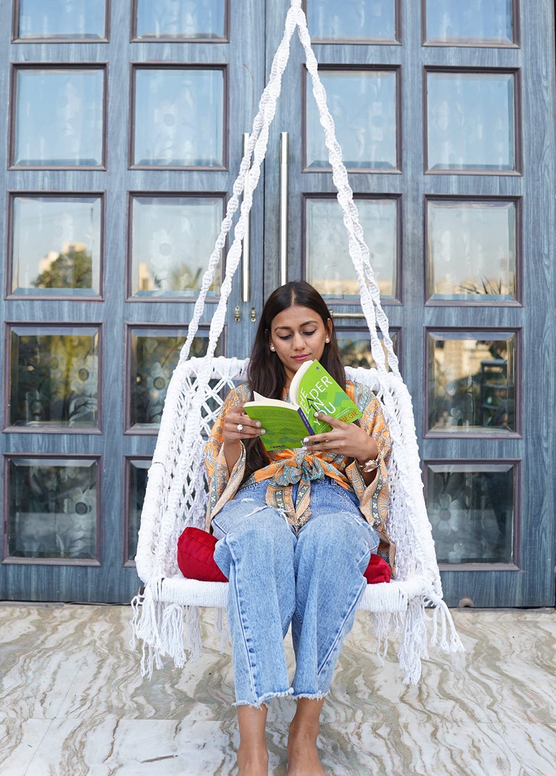 Patiofy Swing for Adults/Jhula - Large Square Hammock for Living Room, Balcony, Home - Red Square Cushion & Hanging Kit (White) - Cotton - Image 1