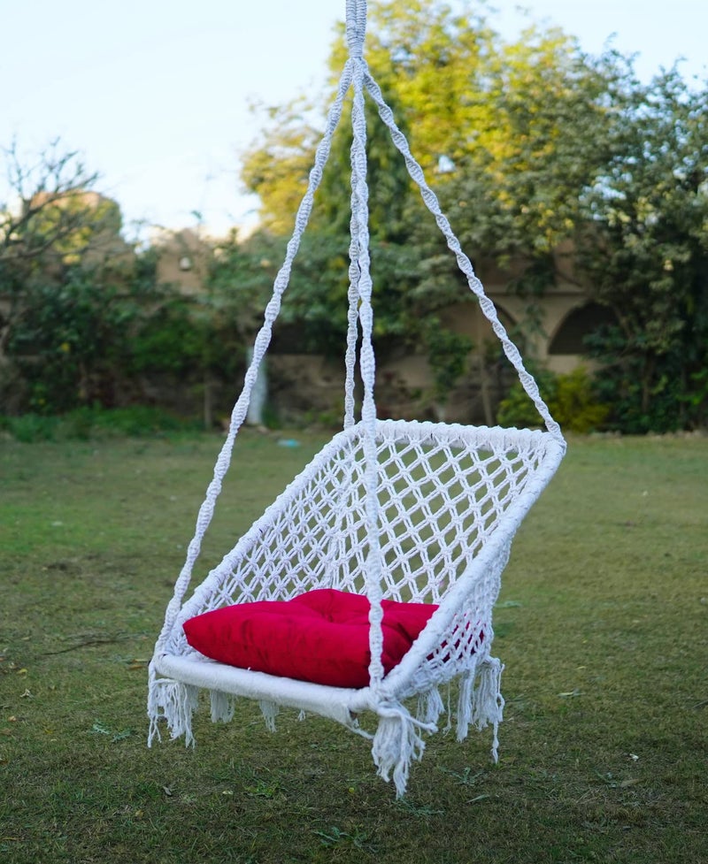 Patiofy Swing for Adults/Jhula - Large Square Hammock for Living Room, Balcony, Home - Red Square Cushion & Hanging Kit (White) - Cotton - Image 3