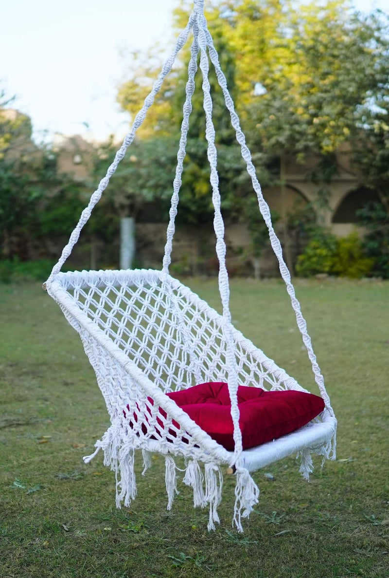 Patiofy Swing for Adults/Jhula - Large Square Hammock for Living Room, Balcony, Home - Red Square Cushion & Hanging Kit (White) - Cotton - Image 2