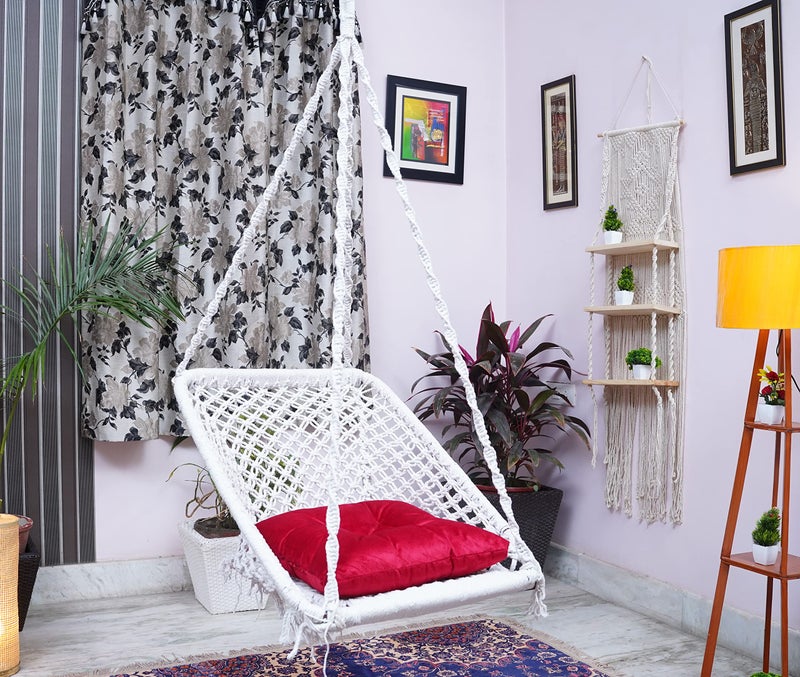 Patiofy Swing for Adults/Jhula - Large Square Hammock for Living Room, Balcony, Home - Red Square Cushion & Hanging Kit (White) - Cotton - Image 5
