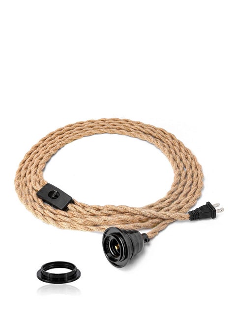 15ft Pendant Light Cord - Hanging Light Kit with Switch Plug in Vintage Fabric Lamp Cord with Twisted Rope Pendant Lights Socket Set E26 E27 for Pendant Lamp Farmhouse Lamp Cable DIY