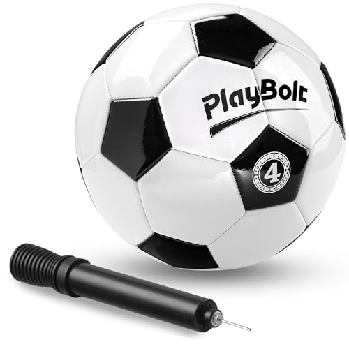 PlayBolt Soccer Ball Size 4 with Pump - Black & White Training Practice & Match Ball for Kids, Youth and Adults (Pack of 1) - Image 1