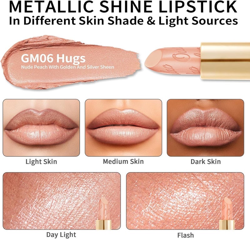 Oulac Matte Nude Peach Lipstick with Glow Metallic Finish - Vegan Lipstick for Women, Creamy Texture, Hydrating Clean Beauty Formula, High-End Magnetic Hook Design, GM06 Hugs - Image 4