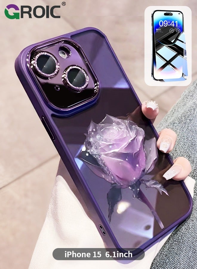 GROIC Case Compatible with iPhone 15 6.1 Inches Glitter Case with HD Glass Screen Protector, Phone Case Electroplated with Rhinestone Eternal Flower Protective Cover Slim Glitter Clear Case - Image 1