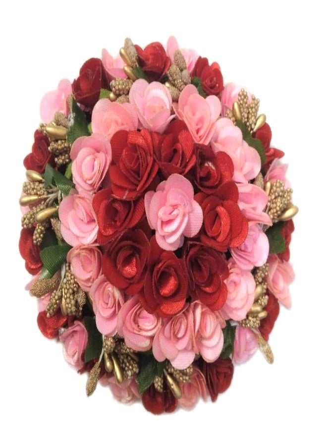 Maahal Artificial Flower Hair Bun Gajra Bridal Hair Styling Accessories Women and Girls-Pack of 1-Red&Pink