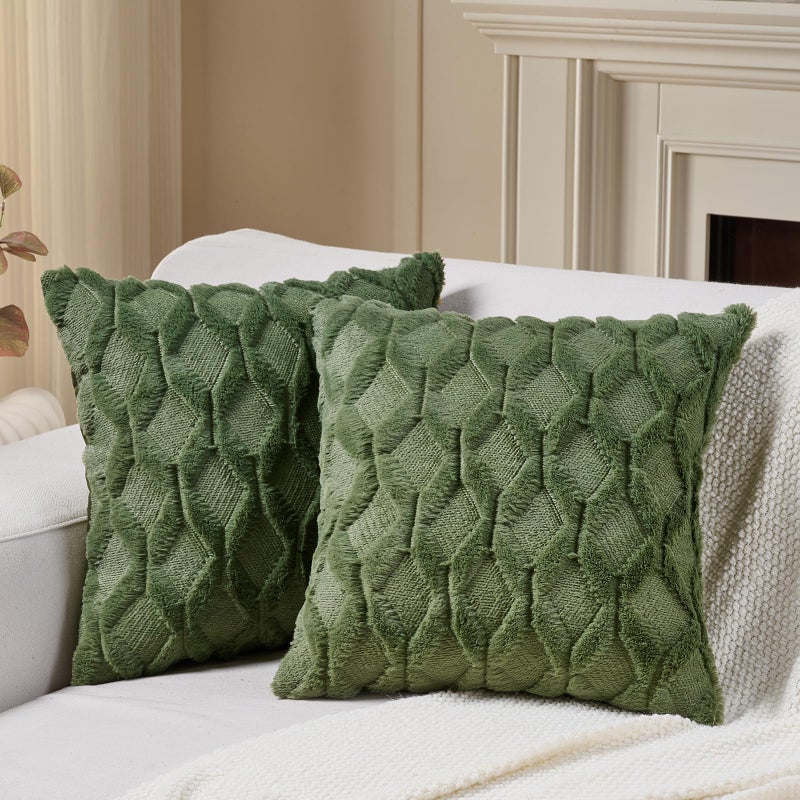Volcanics Pack of 2 Faux Wool Throw Pillow Covers 20x20 Inches Decorative Farmhouse Velvet Couch Pillow Case Soft Plush Square Boho Cushion Pillowcase Olive Green