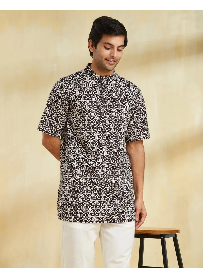 فاب انديا Black Cotton Bagh Printed Short Kurta