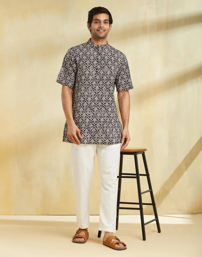 Fabindia Black Cotton Bagh Printed Short Kurta