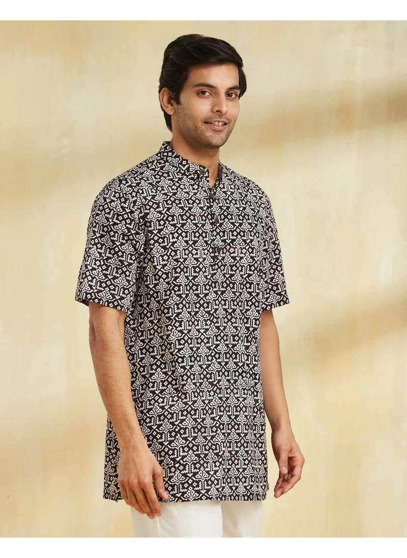 فاب انديا Black Cotton Bagh Printed Short Kurta