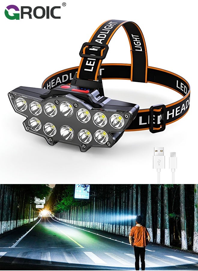 Headlamp Rechargeable, 22000 Lumen Bright 12 LEDs Head Lamp, 10+2 Head Light with 4 Light Modes for Adult, Waterproof Head Flashlight for Outdoor Running, Hunting, Camping, Hiking - pzsku/Z51B7B89A7C94B92EA339Z/45/_/1709539259/430ee738-0266-4e94-ae2c-601021df3214