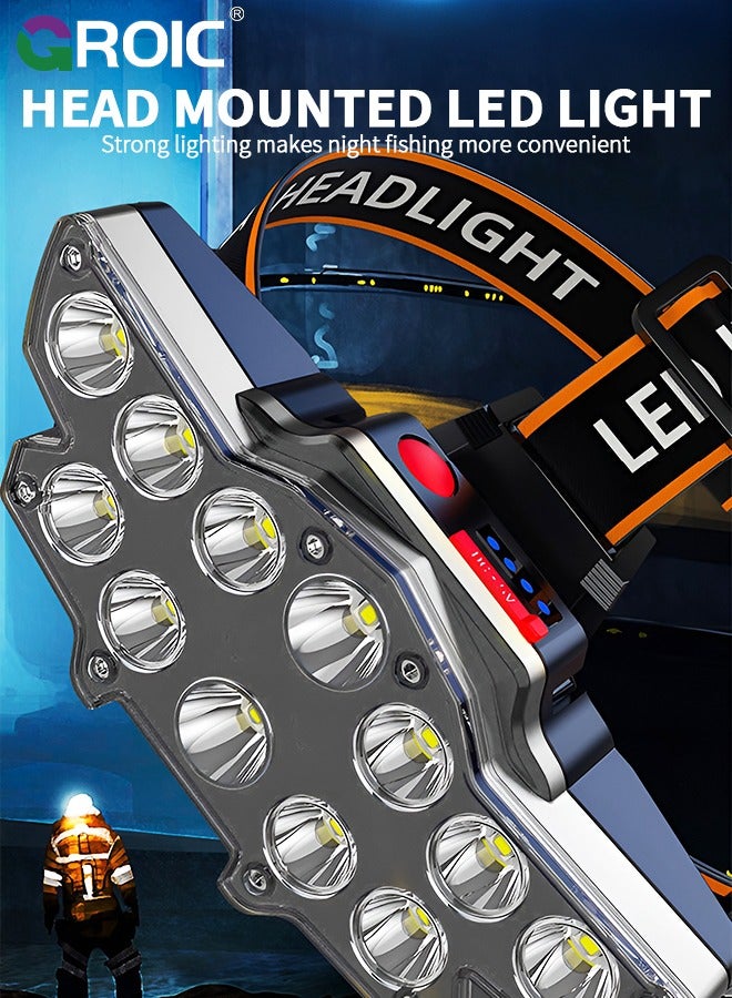 GROIC مصباح أمامي قابل لإعادة الشحن، 22000 لومن ساطع 12 مصباح ليد، 10+2 مصباح أمامي مع 4 أوضاع إضاءة للبالغين، مصباح أمامي مقاوم للماء للجري في الهواء الطلق والصيد والتخييم والمشي لمسافات طويلة - Image 2