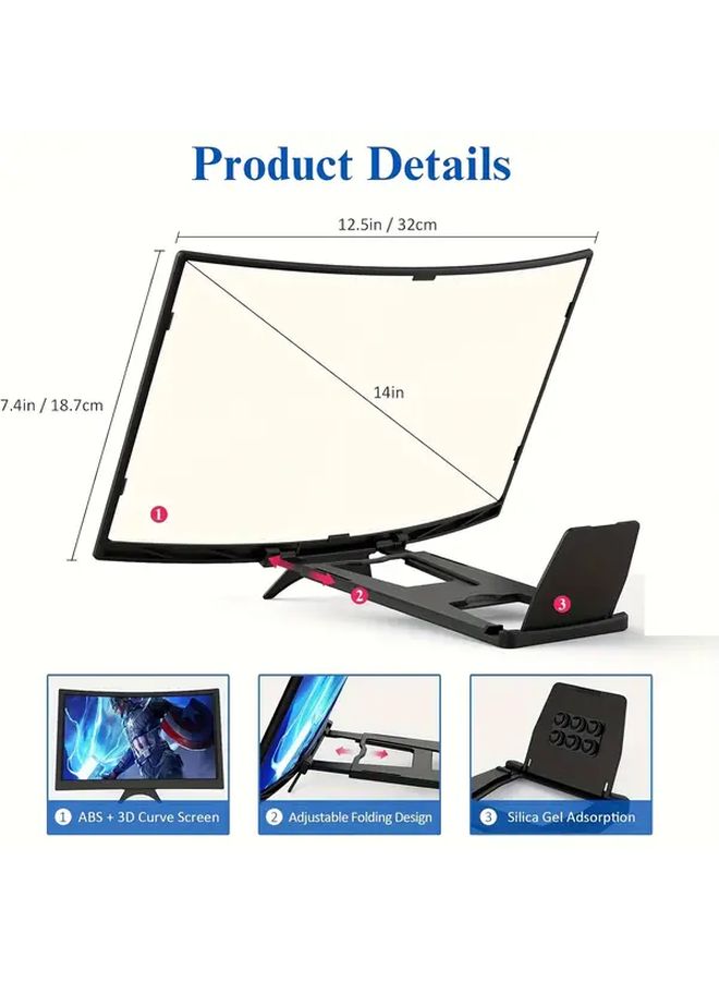 Black 3D HD Curved Screen Magnifier with Stand for Smartphones Movies Gaming - Image 2