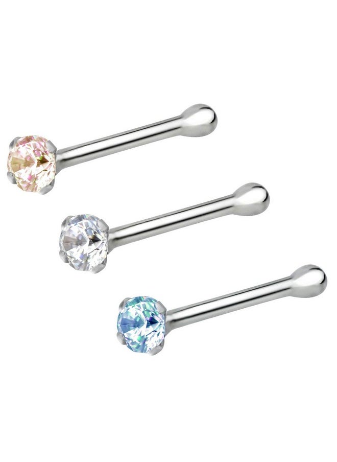 Forbidden Body Jewelry - Nose Rings Sterling Silver Cz Simulated Diamond Micro Nose Studs 22G Set Of 3 (Clr/Ab/Aqua) - Image 1