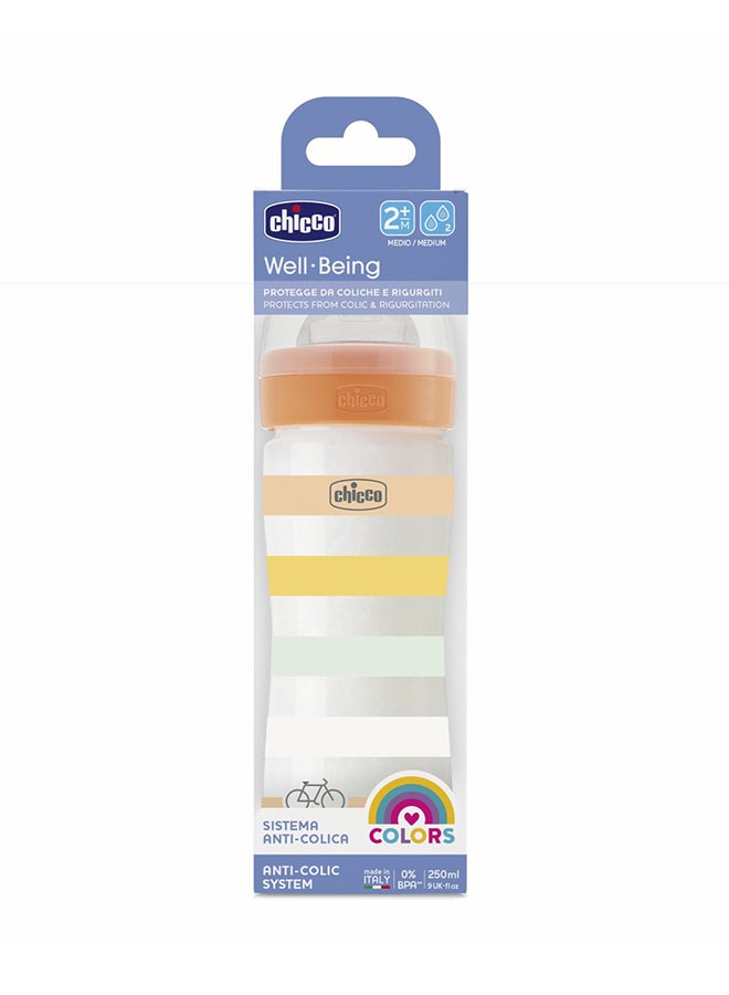 Chicco Well-Being Plastic Feeding Bottle 250ml Medium Flow 2m+ Silicone, Orange - Image 2