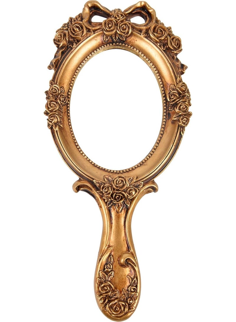 Elegant Women's Handheld Mirror, Antique Embossed Floral Princess Pattern, Portable Travel Vanity Table Decor (Gold)