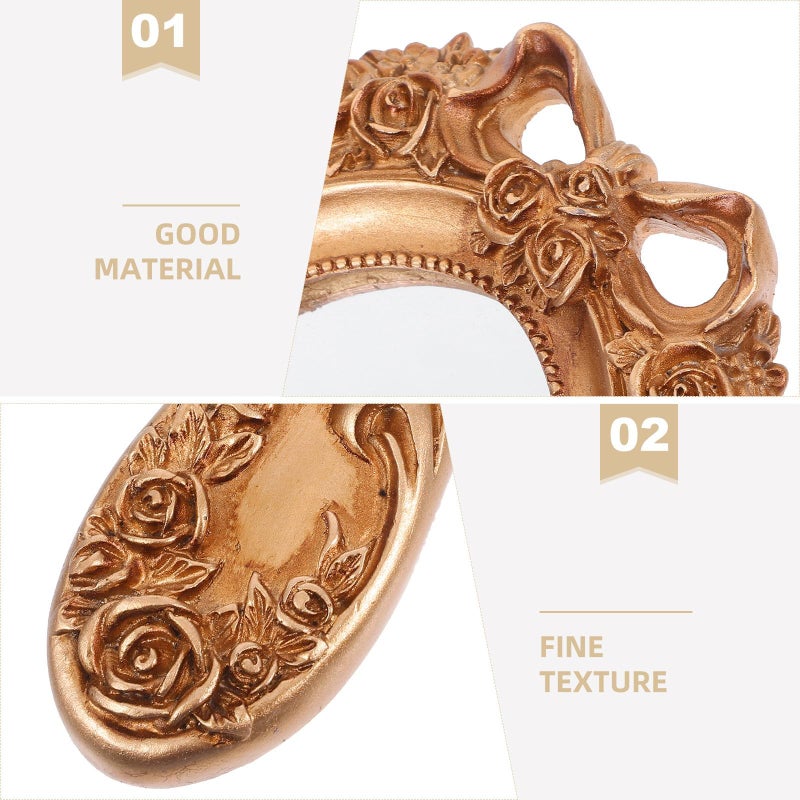LAMAY Elegant Women's Handheld Mirror, Antique Embossed Floral Princess Pattern, Portable Travel Vanity Table Decor (Gold) - Image 2