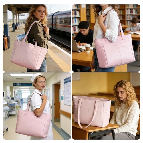 CTWWFS Upgraded Large Tote Bag for Women with Zipper, Lightweight Work Tote Bags for Women with 15.6” Laptop Sleeve, Nurse Teacher Bag with Cup Holder for Work, College, Travel (Pink-1) - Image 2