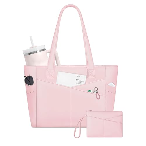 CTWWFS Upgraded Large Tote Bag for Women with Zipper, Lightweight Work Tote Bags for Women with 15.6” Laptop Sleeve, Nurse Teacher Bag with Cup Holder for Work, College, Travel (Pink-1) - Image 1