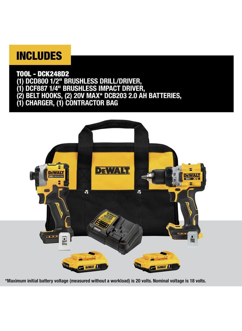 DEWALT DEWALT 20V MAX XR Cordless 12 in DrillDriver and 14 in Impact Driver Kit with 2 2Ah Batteries  Charger DCK248D2  - Image 2