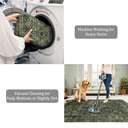 Morebes Vintage Throw Rugs, 3x5 Washable Rug Non Slip, Soft Area Rug for Bedroom,Distressed Non-Shedding Floral Rug for Entryway Bathroom Kitchen Foyer Bedside Playroom,Dark Green - Image 4