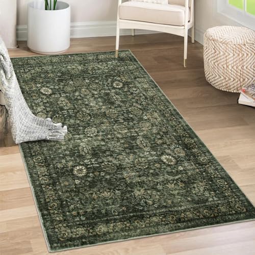 Morebes Vintage Throw Rugs, 3x5 Washable Rug Non Slip, Soft Area Rug for Bedroom,Distressed Non-Shedding Floral Rug for Entryway Bathroom Kitchen Foyer Bedside Playroom,Dark Green - Image 5