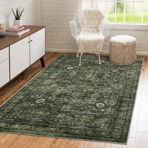 Morebes Vintage Throw Rugs, 3x5 Washable Rug Non Slip, Soft Area Rug for Bedroom,Distressed Non-Shedding Floral Rug for Entryway Bathroom Kitchen Foyer Bedside Playroom,Dark Green - Image 1