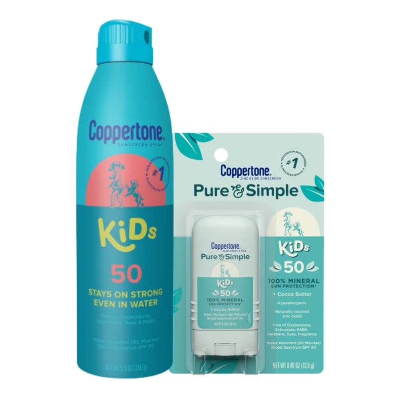 Coppertone Kids Sunscreen Spray SPF 50 (5 Oz) + Pure and Simple Kids Mineral Sunscreen Stick SPF 50 (0.49 Oz), Water Resistant - Image 1