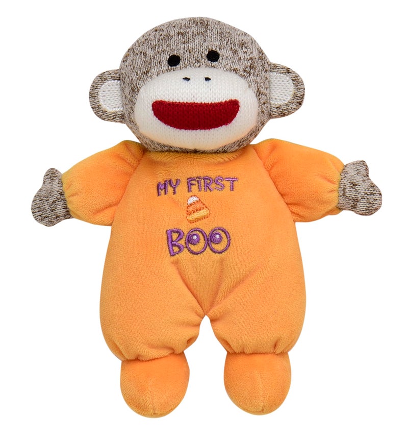 Baby Starters Sock Monkey Halloween 9 inch Plush Rattle with Embroidery My First Boo Orange 