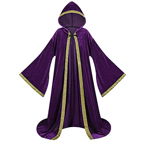 TOONRAIN Velvet Wizard Hooded Robe for Adult, Medieval Cape Renaissance Cloak for Men Women Halloween Costume (Purple,140cm) - Image 1