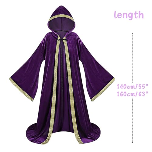 TOONRAIN Velvet Wizard Hooded Robe for Adult, Medieval Cape Renaissance Cloak for Men Women Halloween Costume (Purple,140cm) - Image 2