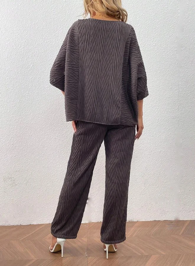Take Two Take Two Grey Textured Plisse Top and Pants Co-Ords