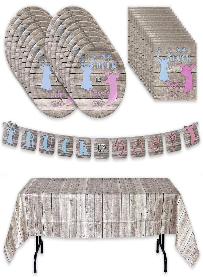 Havercamp Buck or Doe? Gender Reveal Party for 16 guests! Kit includes 16 ea. Lg. 9” Dinner Plates and Luncheon Napkins, a Decorative Hanging Banner and a Lg. Table Cover. - Image 1