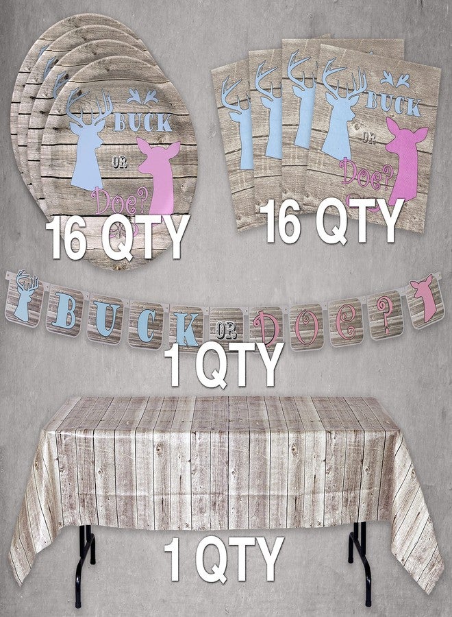 Havercamp Buck or Doe? Gender Reveal Party for 16 guests! Kit includes 16 ea. Lg. 9” Dinner Plates and Luncheon Napkins, a Decorative Hanging Banner and a Lg. Table Cover. - Image 2