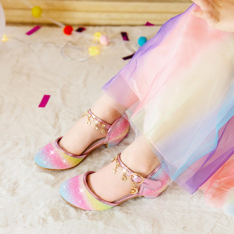 Furdeour Girls Sandals Princess Rainbow Little Kid Flower Girls Wedding High Heels Size 13(2902Rainbow 13) - Image 2
