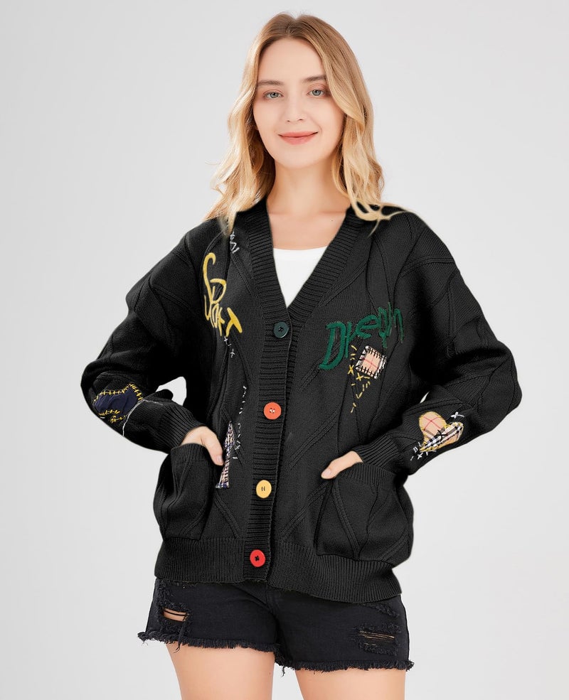 ebossy Women's Cable Knit Long Sleeve Open Front Cardigan Sheep V-Neck Button Down Embroidery Wool Blend Sweater Coat Outwear (L,Black) - Image 2